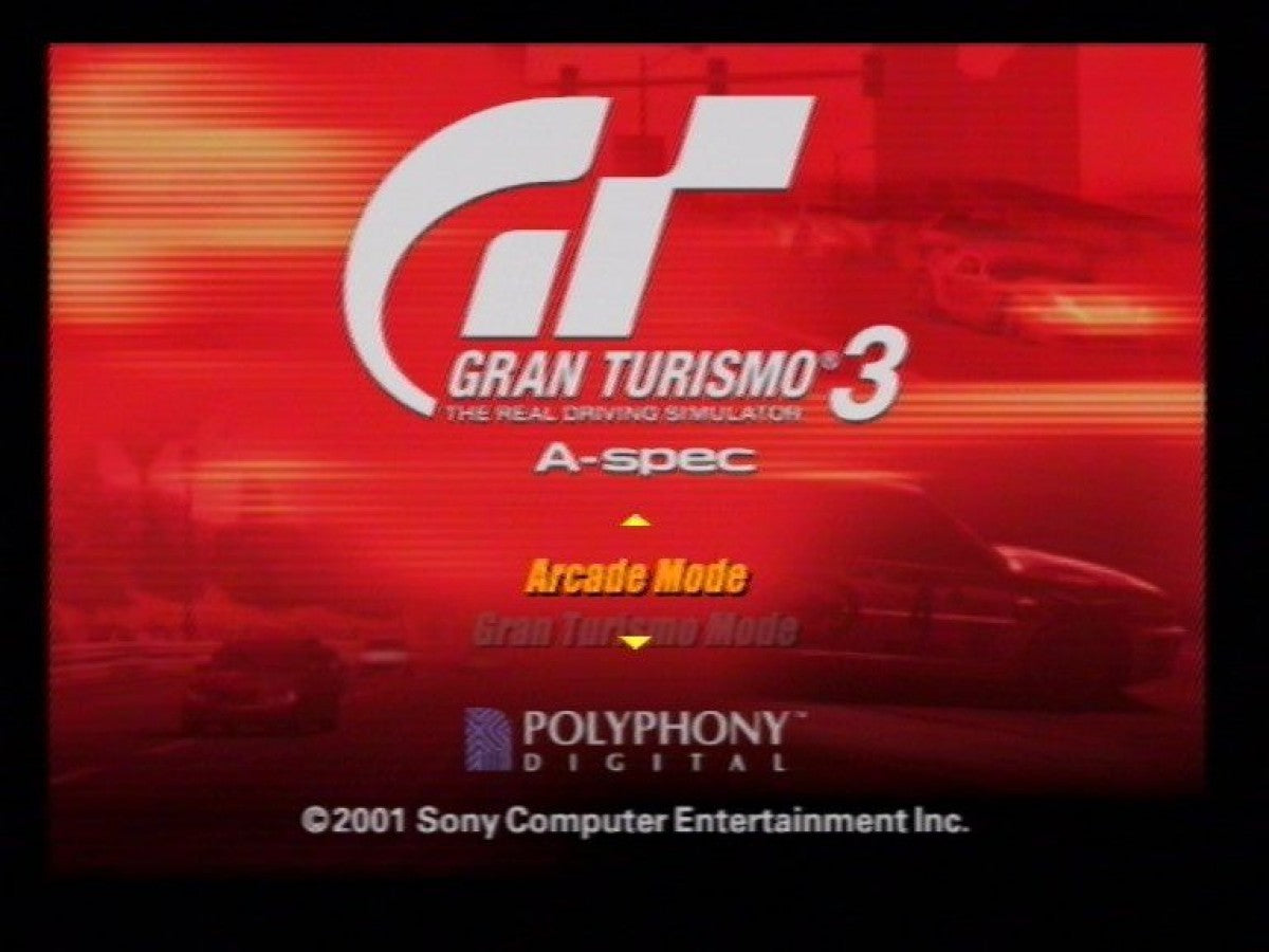 Retro Gran Turismo 3 Not for Resale PS2 inspired design featuring realistic driving simulation aesthetic vintage PlayStation 2 high performance sports cars detailed racing circuits authentic motorsport experience Polyphony Digital gameplay nostalgic racing presentation - title screen