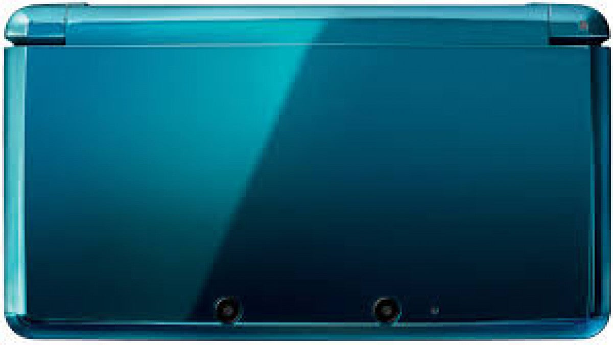 Nintendo 3DS system in aqua blue featuring glasses-free 3D gaming and dual-screen handheld design