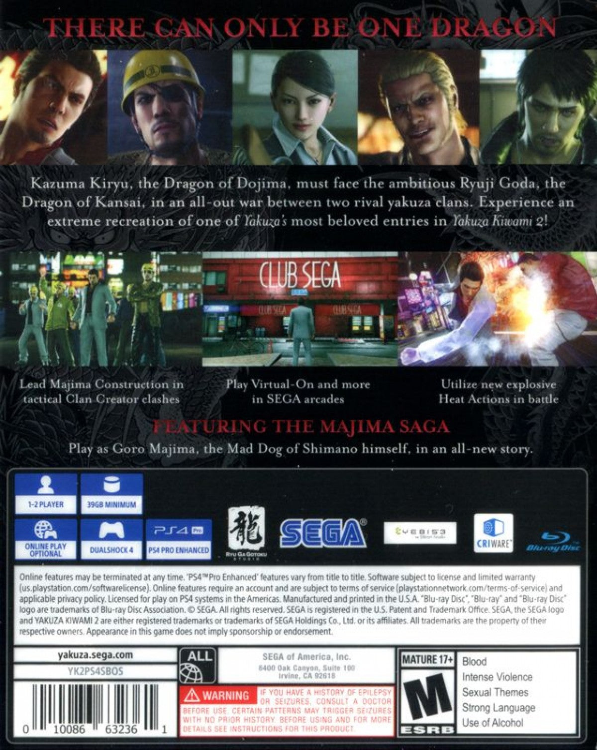 Yakuza Kiwami 2 [Steelbook Edition] – PlayStation 4 (PS4) video game back of case, action-adventure role-playing game.