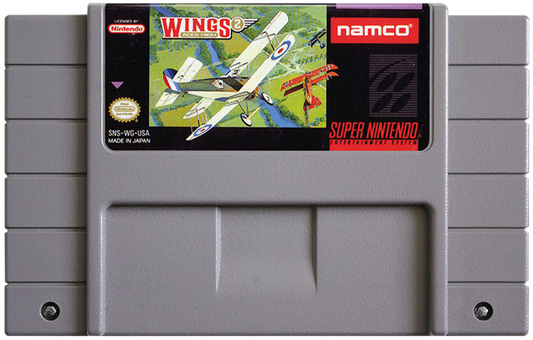 Wings 2 Aces High retro SNES video game Wings 2 military flight combat simulation World War aerial dogfights arcade style action gameplay console title Super Nintendo release cartridge