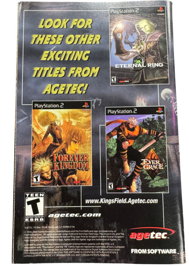 King's Field The Ancient City PlayStation 2 PS2 first-person role playing video game featuring dark fantasy dungeon exploration sword combat magic spells challenging monsters treasure hunting character development mysterious environments and classic PlayStation 2 PS2 gameplay collectible retro gaming appeal manual back