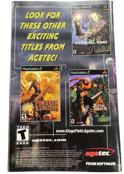 King's Field The Ancient City PlayStation 2 PS2 first-person role playing video game featuring dark fantasy dungeon exploration sword combat magic spells challenging monsters treasure hunting character development mysterious environments and classic PlayStation 2 PS2 gameplay collectible retro gaming appeal manual back