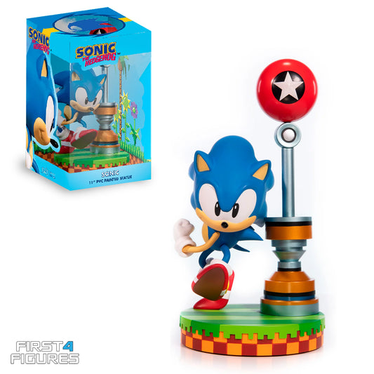 Sonic 11 inch statue Standard Edition by First 4 Figures detailed Sonic the Hedgehog collectible featuring dynamic pose bold blue design and premium display quality for fans of the iconic Sega speedster franchise 