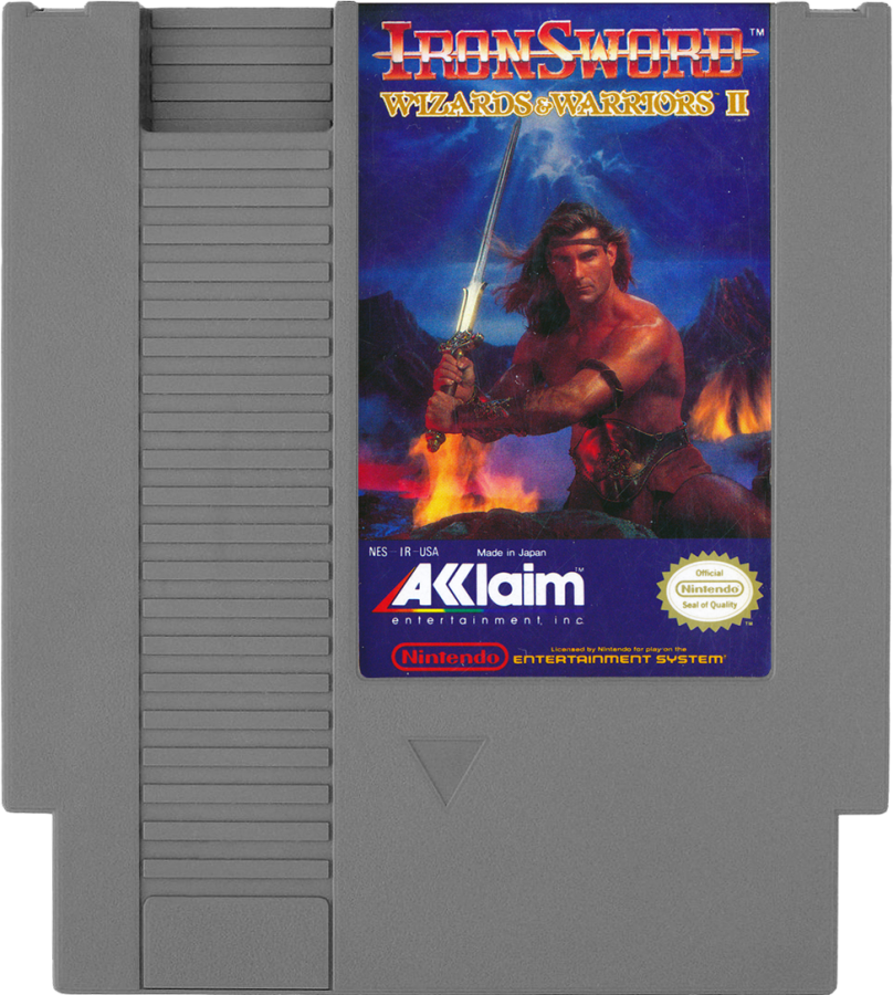Ironsword Wizards and Warriors II NES Nintendo Entertainment System action platformer fantasy adventure side scrolling gameplay sword combat enemies bosses Rare retro 8 bit gaming cartridge video game title cartridge