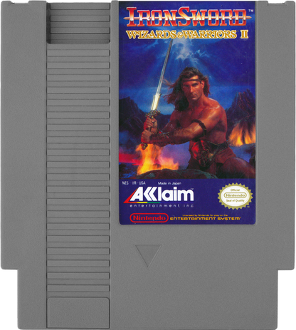 Ironsword Wizards and Warriors II NES Nintendo Entertainment System action platformer fantasy adventure side scrolling gameplay sword combat enemies bosses Rare retro 8 bit gaming cartridge video game title cartridge