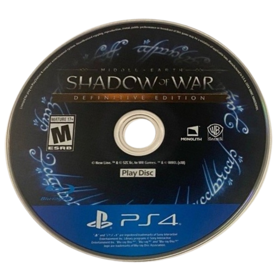 Middle Earth: Shadow of War [Definitive Edition] for PlayStation 4 (PS4) featuring the complete epic open-world saga where you go behind enemy lines to forge an army and conquer Mordor from within; this edition includes all DLC, expanding the revolutionary Nemesis System with new Orc tribes, story campaigns, and regions for the ultimate Middle-earth experience play disc