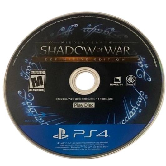 Middle Earth: Shadow of War [Definitive Edition] for PlayStation 4 (PS4) featuring the complete epic open-world saga where you go behind enemy lines to forge an army and conquer Mordor from within; this edition includes all DLC, expanding the revolutionary Nemesis System with new Orc tribes, story campaigns, and regions for the ultimate Middle-earth experience play disc