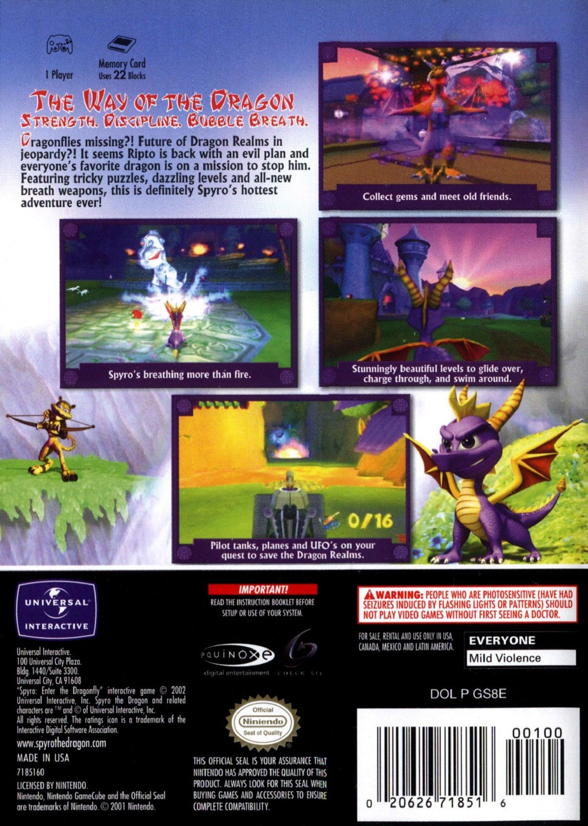 Spyro Enter the Dragonfly Nintendo GameCube GC video game featuring Spyro the Dragon action adventure platforming gameplay colorful fantasy worlds dragonfly collection exploration puzzle solving and combat challenges retro video game Nintendo GameCube collection collectible gaming appeal back cover art