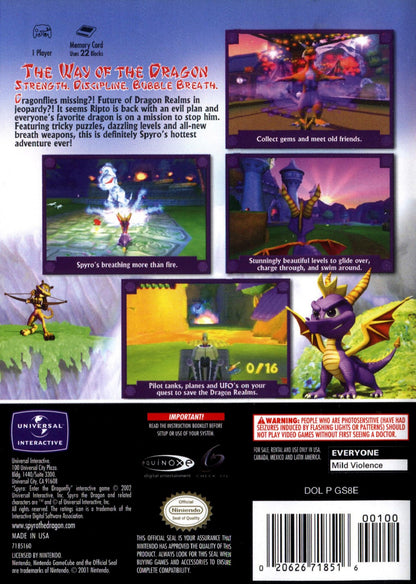 Spyro Enter the Dragonfly Nintendo GameCube GC video game featuring Spyro the Dragon action adventure platforming gameplay colorful fantasy worlds dragonfly collection exploration puzzle solving and combat challenges retro video game Nintendo GameCube collection collectible gaming appeal back cover art