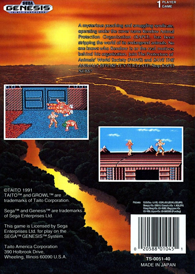 Growl Sega Genesis GEN for retro video game enthusiasts featuring side scrolling beat em up gameplay cooperative multiplayer action wildlife rescue missions hand to hand combat classic arcade style action and collectible gaming appeal back cover