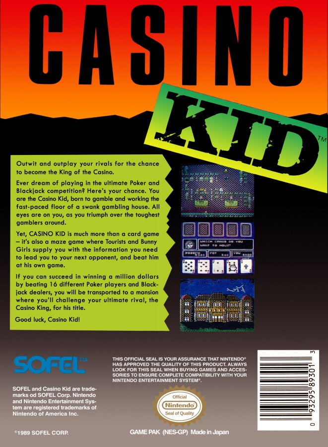 Casino Kid Nintendo Entertainment System NES video game featuring casino gambling gameplay poker blackjack roulette casino table games betting challenges and classic 8 bit Nintendo gameplay retro video game collection collectible gaming appeal back cover art
