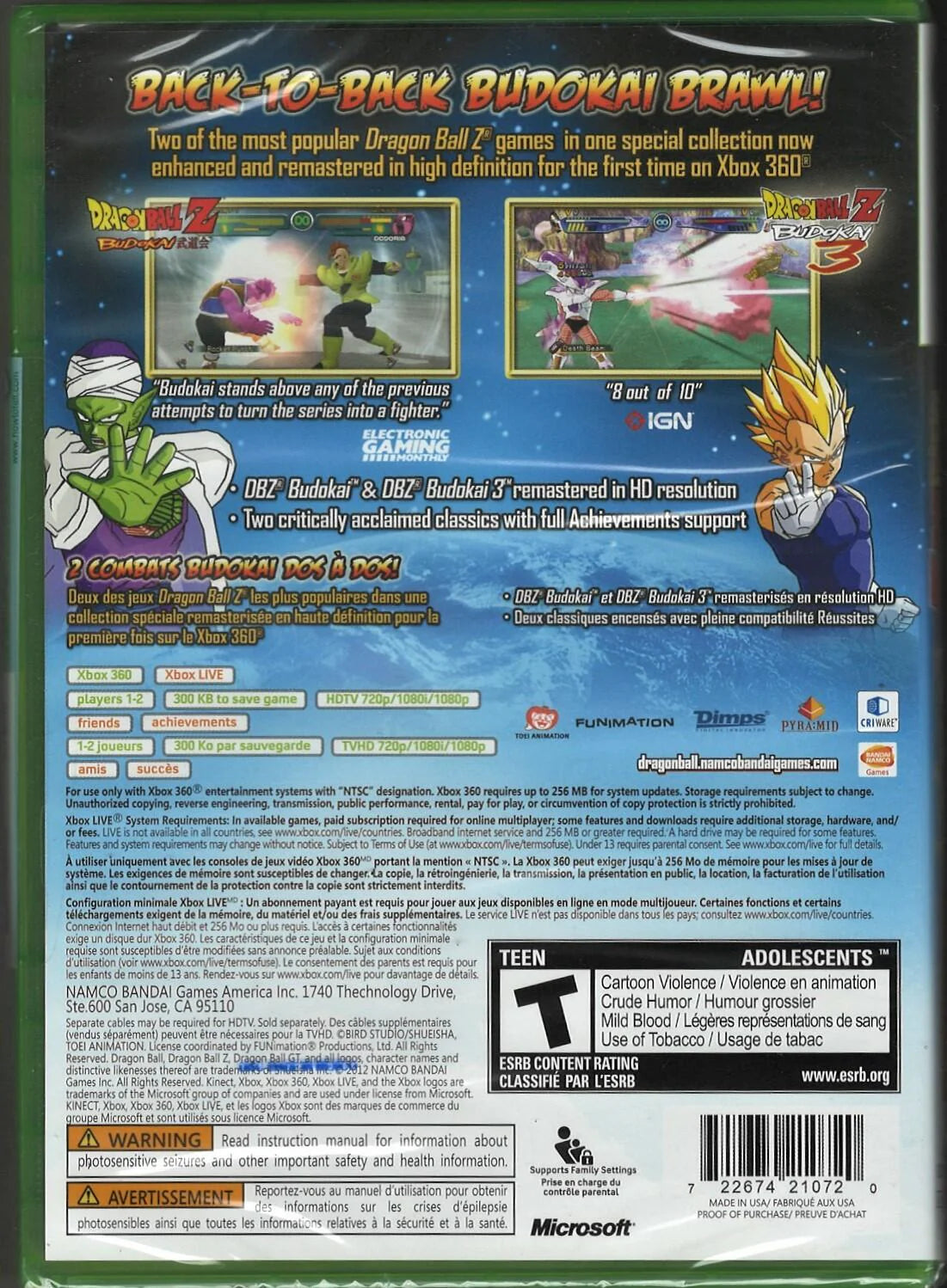 Dragon Ball Z Budokai HD Collection Xbox 360 remastered fighting game compilation featuring Budokai 1 2 3 and online versus mode back cover