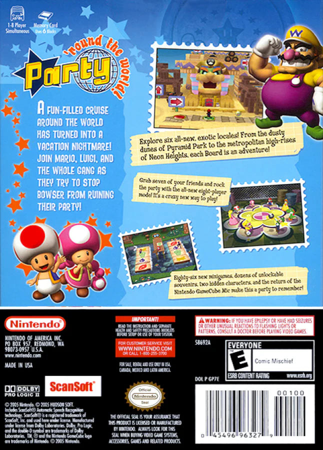 Mario Party 7 microphone bundle for the Nintendo GameCube featuring party style mini games voice controlled gameplay modes and multiplayer fun with Mario and friends across colorful themed boards back cover art