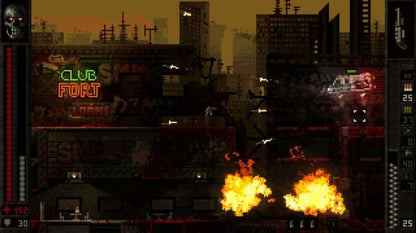 Butcher PAL Import Nintendo Switch inspired design featuring brutal action platform shooter aesthetic relentless side scrolling combat dark industrial environments pixel art visuals intense enemy encounters fast paced gameplay and retro inspired arcade challenge presentation gameplay 