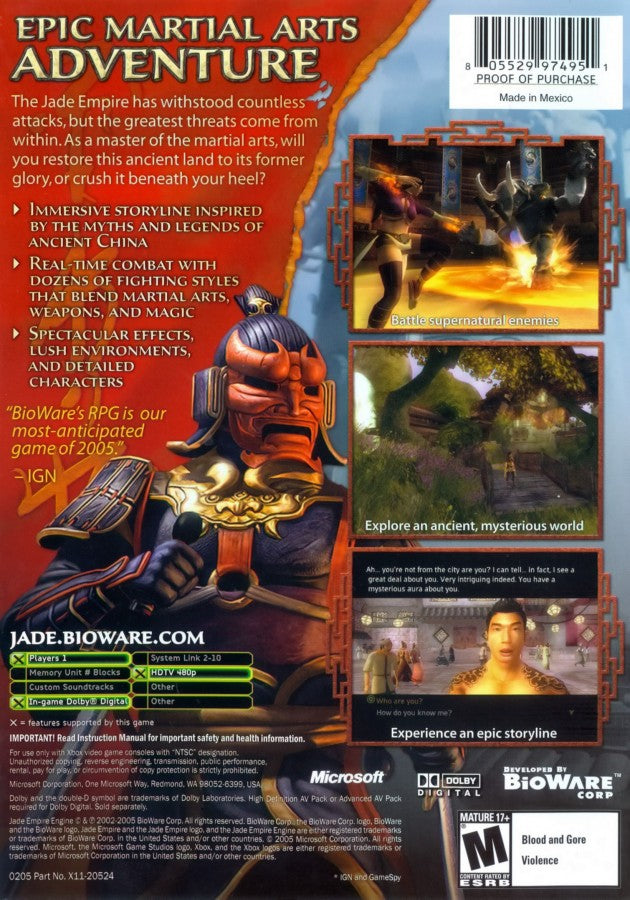 Jade Empire retro Xbox video game Jade Empire action RPG martial arts fantasy story driven combat dialogue choice based role playing game console title Xbox release back of case