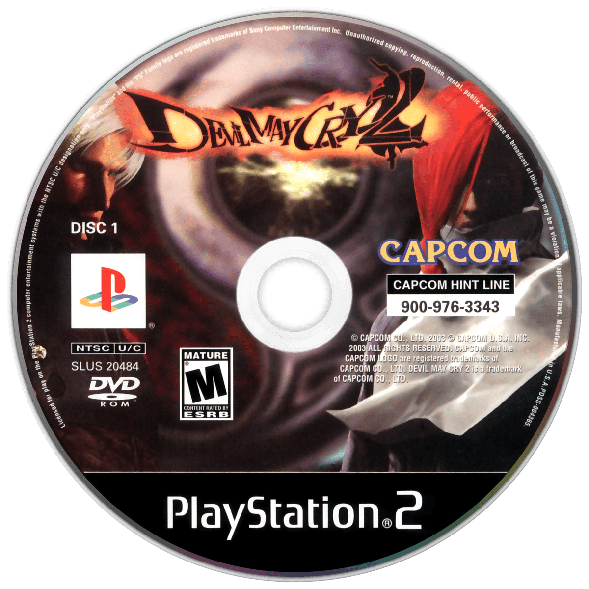 Devil May Cry 2 PlayStation 2 PS2 video game, action hack and slash, stylish combat, demon hunting gameplay, classic Capcom title disc 1