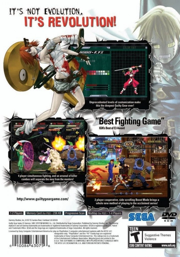 Guilty Gear Isuka PlayStation 2 PS2 for retro video game enthusiasts featuring 2D anime fighting gameplay fast paced combo based combat multiple character battles tag style mechanics unique lane switching system arcade style competitive matches and collectible gaming appeal back cover art