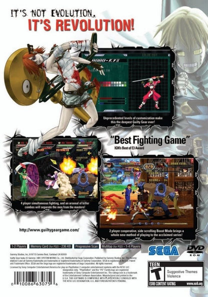 Guilty Gear Isuka PlayStation 2 PS2 for retro video game enthusiasts featuring 2D anime fighting gameplay fast paced combo based combat multiple character battles tag style mechanics unique lane switching system arcade style competitive matches and collectible gaming appeal back cover art
