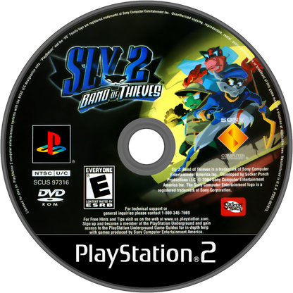 Sly 2 Band of Thieves PS2 Sony PlayStation 2 stealth platformer action adventure Sly Cooper gang heist missions Cooper Gang Bentley Murray cartoony cel shaded gameplay open world levels sneaking platforming PlayStation 2 software video game title disc