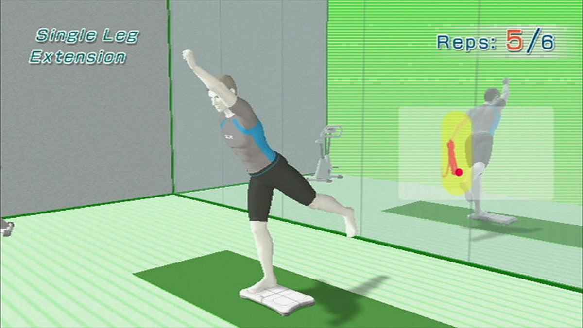 Wii Fit gameplay for Nintendo Wii (Wii) featuring fitness activities with the Wii Balance Board, including yoga, strength training, aerobics, and balance games.