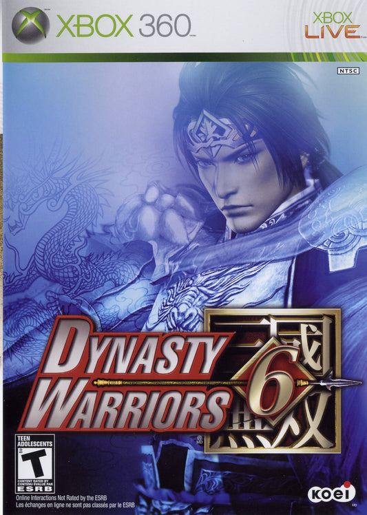 Dynasty Warriors 6 Xbox 360 game featuring large scale hack and slash combat historical Three Kingdoms storyline playable officers Musou attacks open battlefield maps and fast paced action gameplay by Koei front cover art 