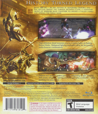 Genji: Days of the Blade PlayStation 3 PS3 video game, action hack-and-slash, samurai combat, story-driven adventure, console title back cover
