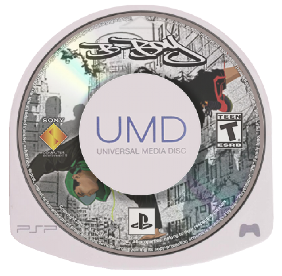 Retro B-Boy PlayStation Portable inspired design featuring classic hip hop breakdancing game aesthetic vintage PSP street culture freestyle dance battles urban graffiti style music rhythm gameplay nostalgic handheld gaming presentation UMD