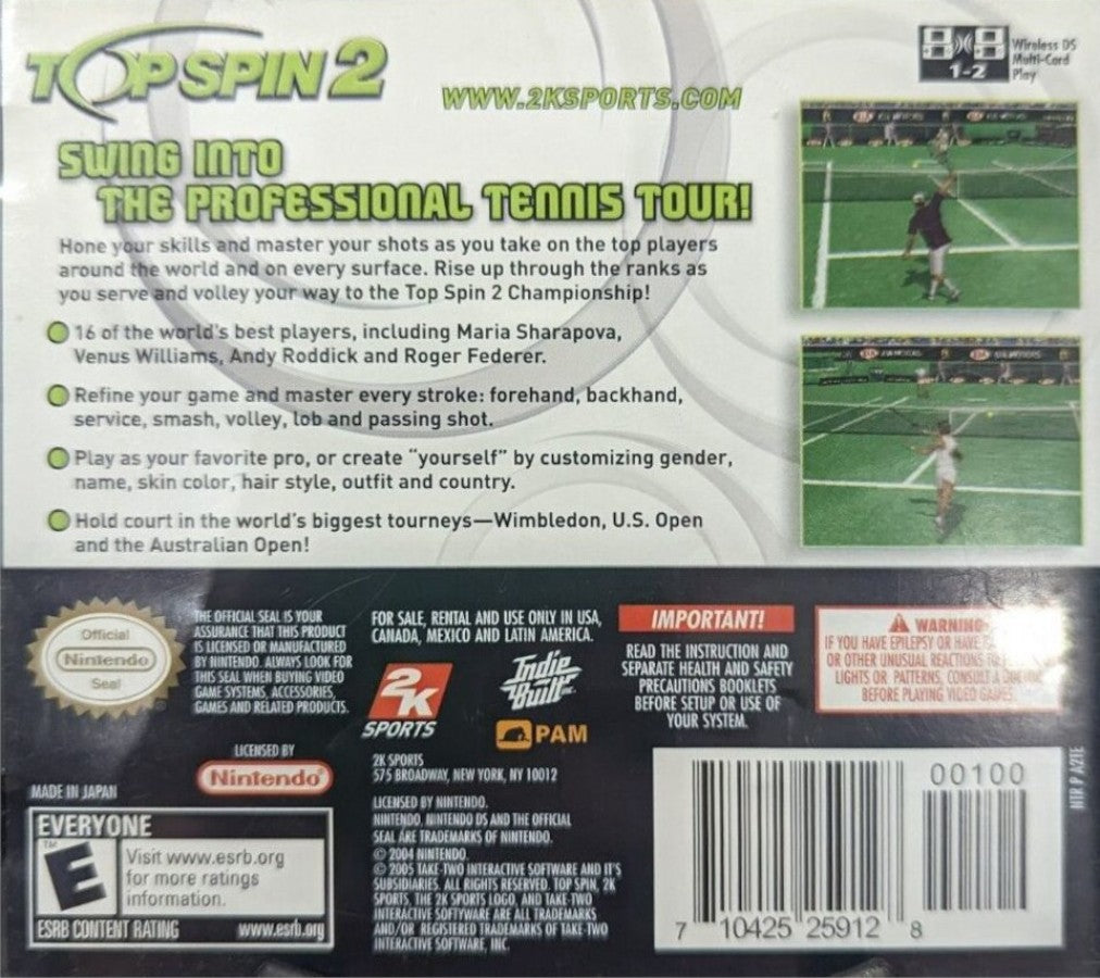Top Spin 2 back of case for Nintendo DS (DS) tennis sports video game