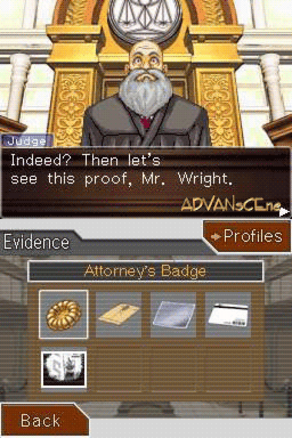 Phoenix Wright: Ace Attorney gameplay for Nintendo DS (DS) courtroom visual novel adventure video game