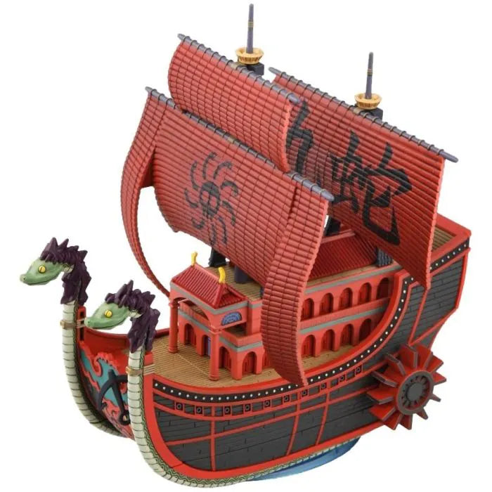 Kuja Pirates Ship Bandai One Piece Grand Ship Collection model kit inspired design featuring detailed buildable pirate vessel aesthetic Amazon Lily inspired flagship design intricate deck and sail components anime inspired craftsmanship collectible display model nautical adventure theme and seafaring presentation