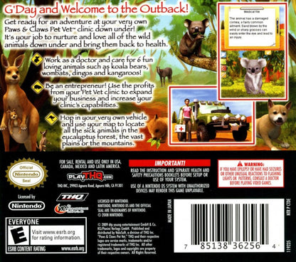 Paws & Claws Pet Vet Australian Adventures Nintendo DS video game, animal care simulation, veterinary adventure gameplay, family-friendly handheld console title back cover