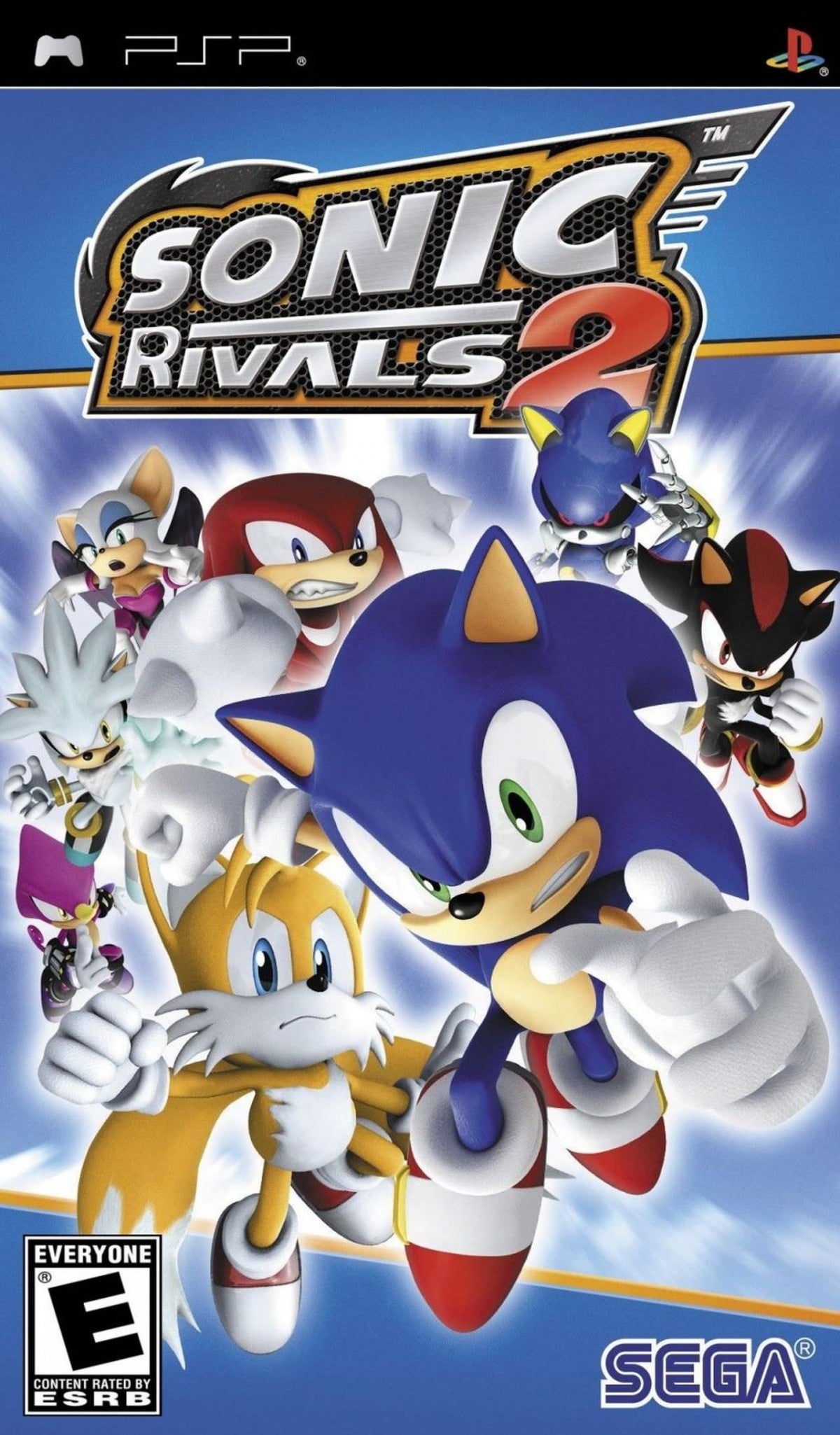 Sonic Rivals 2 PSP Sony PlayStation Portable platform racing game Sonic the Hedgehog SEGA side scrolling speed competition racing battles Knuckles Shadow Sonic characters multiplayer handheld platformer PSP software video game title front 