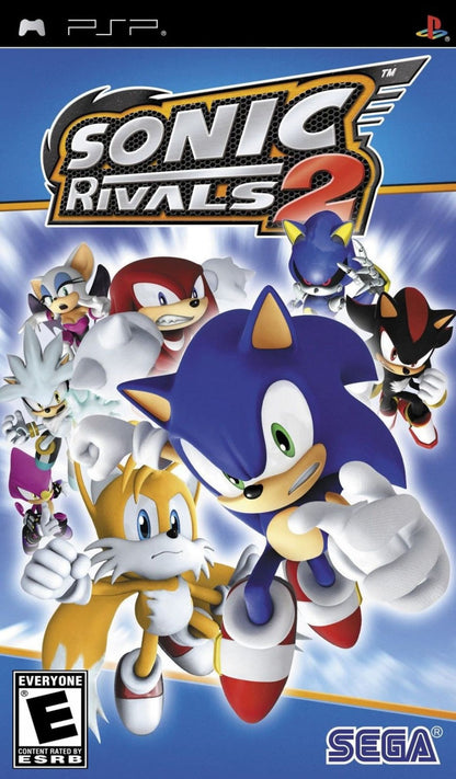 Sonic Rivals 2 PSP Sony PlayStation Portable platform racing game Sonic the Hedgehog SEGA side scrolling speed competition racing battles Knuckles Shadow Sonic characters multiplayer handheld platformer PSP software video game title front 