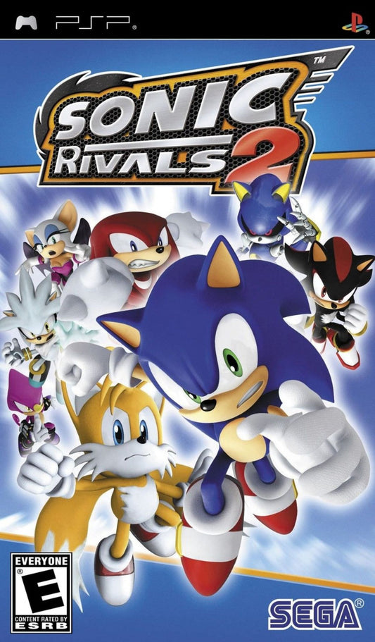 Sonic Rivals 2 PSP Sony PlayStation Portable platform racing game Sonic the Hedgehog SEGA side scrolling speed competition racing battles Knuckles Shadow Sonic characters multiplayer handheld platformer PSP software video game title front 