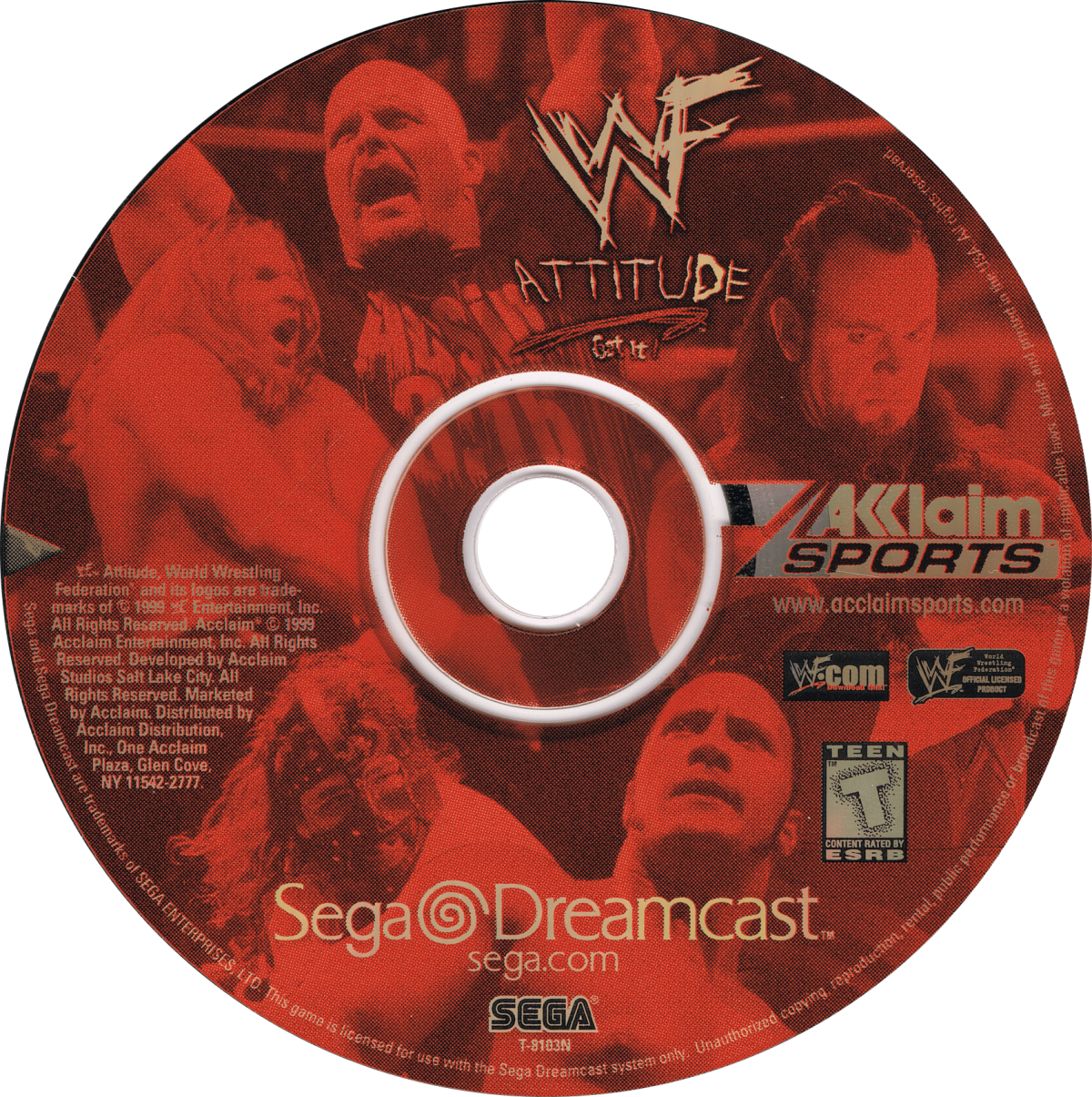 WWF Attitude game for the Sega Dreamcast featuring professional wrestling gameplay with licensed WWF superstars grappling moves signature finishers career mode and multiplayer matches in arcade style wrestling arenas disc 