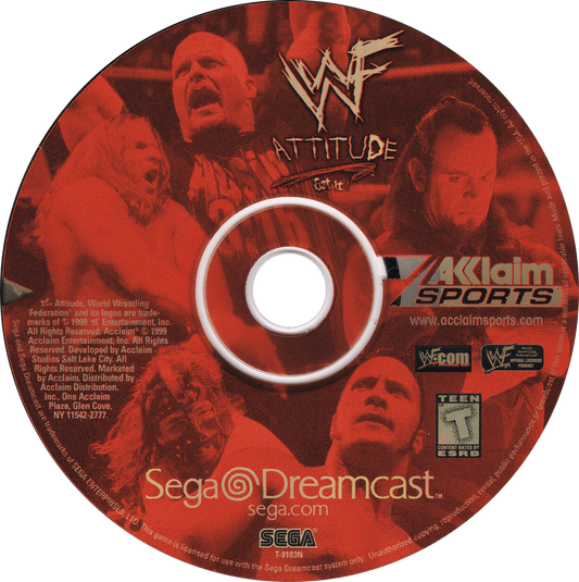 WWF Attitude game for the Sega Dreamcast featuring professional wrestling gameplay with licensed WWF superstars grappling moves signature finishers career mode and multiplayer matches in arcade style wrestling arenas disc 