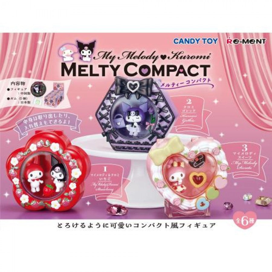 Re-ment My Melody Kuromi Melty Compact blind box miniature collectible featuring Sanrio characters My Melody and Kuromi with melty compact mirror and cosmetic-themed accessories