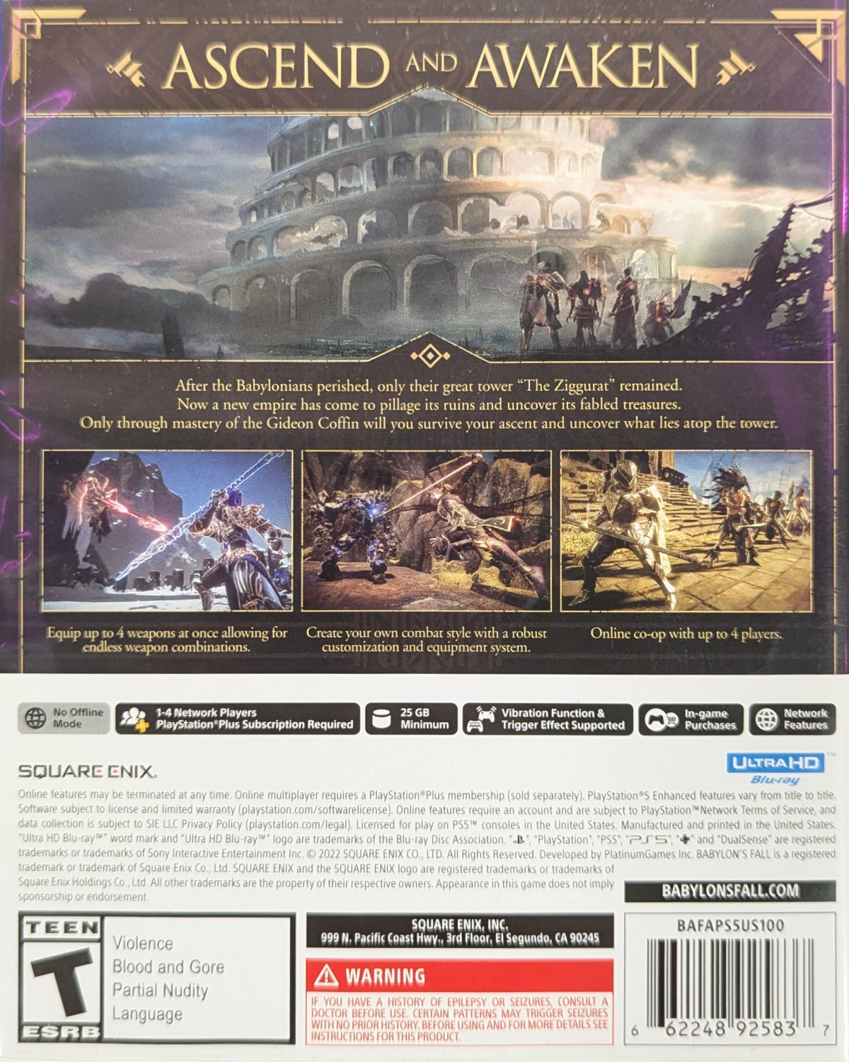 Babylon’s Fall PlayStation 5 action RPG hack and slash cooperative multiplayer up to four players Gideon clan tower climbing seasonal content weapon combat PlatinumGames Square Enix post-launch content campaign back cover