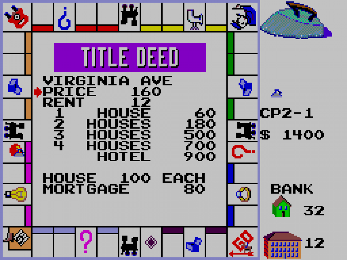 Monopoly gameplay for Sega Master System (SMS) strategy board game adaptation featuring classic Parker Brothers property trading theme