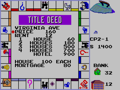 Monopoly gameplay for Sega Master System (SMS) strategy board game adaptation featuring classic Parker Brothers property trading theme