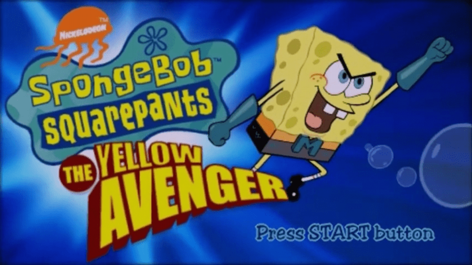 SpongeBob SquarePants: The Yellow Avenger start screen for PlayStation Portable (PSP) action-adventure game