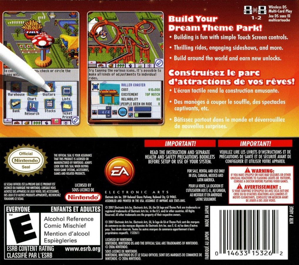 Theme Park Nintendo DS video game, simulation and management, amusement park building and strategy, handheld console title back cover