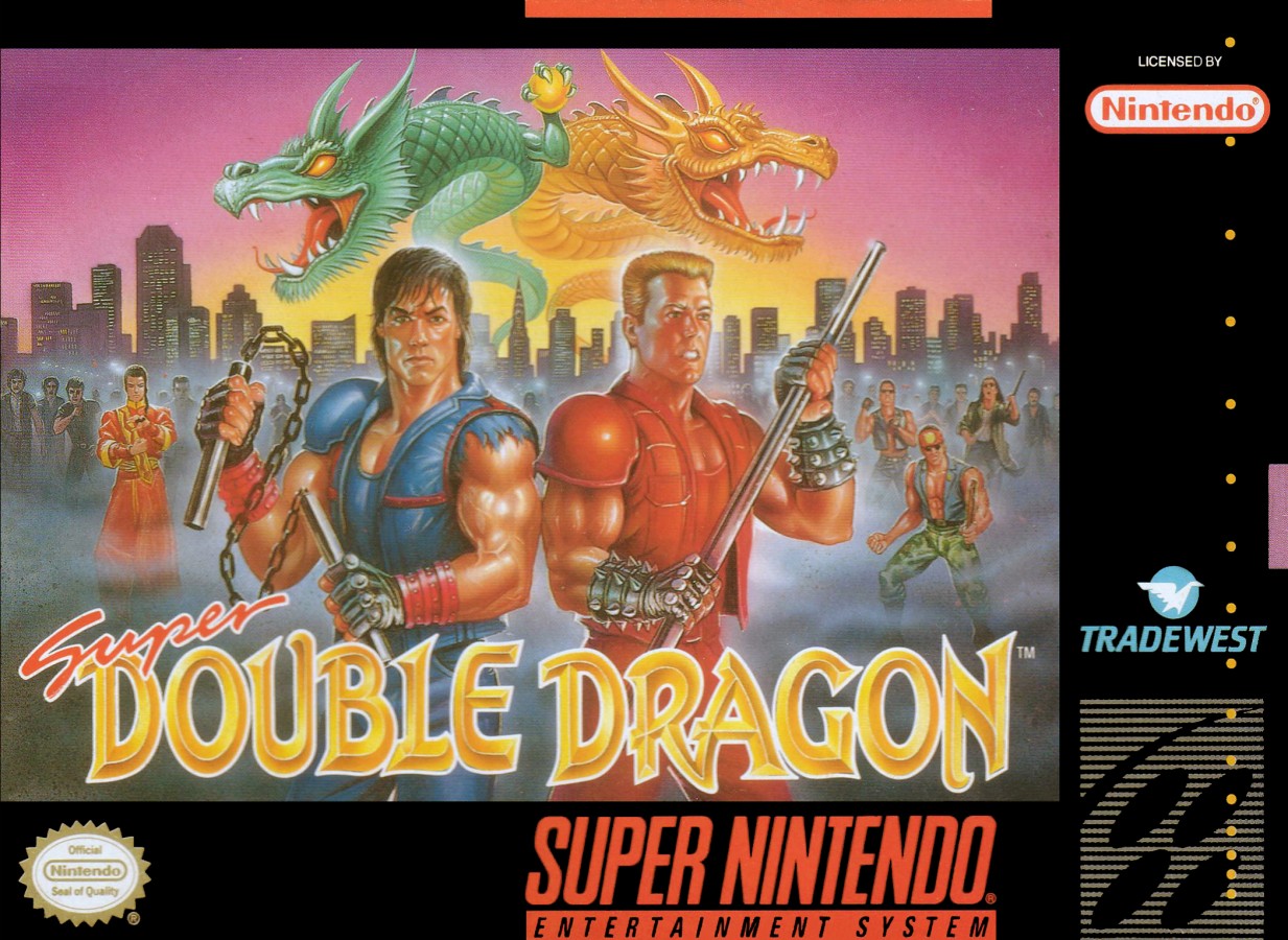 Super Double Dragon for Super Nintendo side scrolling beat em up featuring Billy and Jimmy Lee martial arts combat co op multiplayer and street fighting gameplay cover art 