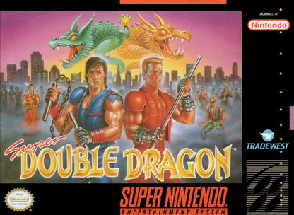 Super Double Dragon for Super Nintendo side scrolling beat em up featuring Billy and Jimmy Lee martial arts combat co op multiplayer and street fighting gameplay cover art 