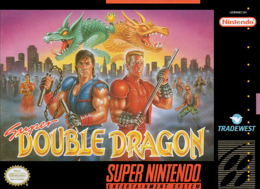 Super Double Dragon for Super Nintendo side scrolling beat em up featuring Billy and Jimmy Lee martial arts combat co op multiplayer and street fighting gameplay cover art 