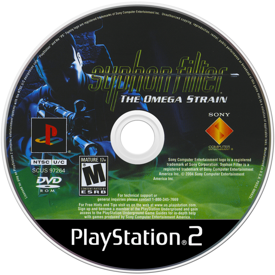 Syphon Filter: The Omega Strain – PlayStation 2 (PS2) video game disc, tactical third-person shooter.