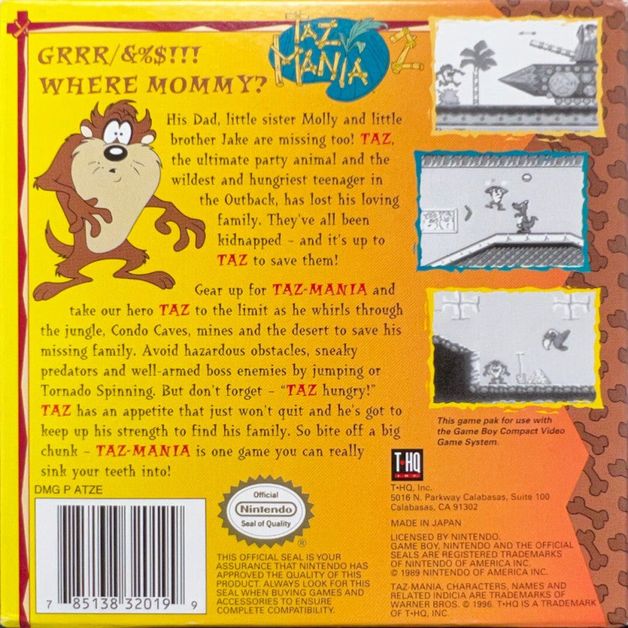 Taz Mania 2 for Game Boy, back of case for a side-scrolling platformer video game with cartoon-style gameplay, obstacle challenges, character-based levels, and arcade action 