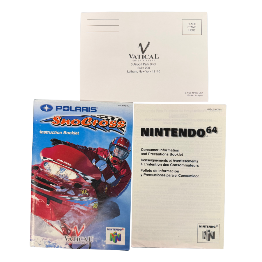 Polaris SnoCross Nintendo 64 N64 for snowmobile racing video game fans featuring high speed snocross racing icy tracks snow covered environments Polaris snowmobiles stunt jumps challenging courses vehicle control and arcade style racing gameplay collectible retro Nintendo 64 gaming appeal manuals and warranty info