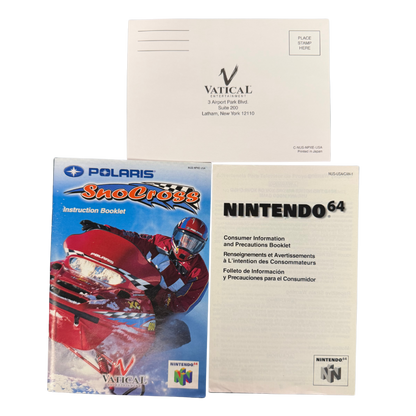Polaris SnoCross Nintendo 64 N64 for snowmobile racing video game fans featuring high speed snocross racing icy tracks snow covered environments Polaris snowmobiles stunt jumps challenging courses vehicle control and arcade style racing gameplay collectible retro Nintendo 64 gaming appeal manuals and warranty info