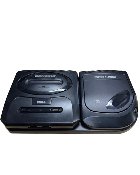 Top down view of the Model 2 Sega Genesis attached to the Model 2 Sega CD showing cartridge slot and disc tray
